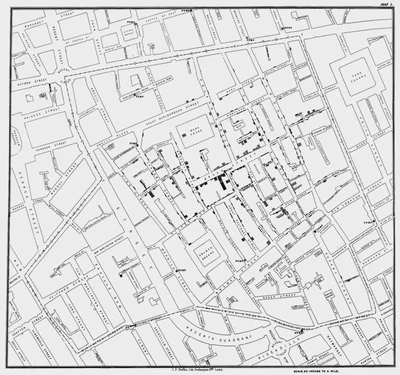 [Original map made by John Snow in 1854. Cholera cases are highlighted in black. Source: Wikipedia.](https://commons.wikimedia.org/wiki/File:Snow-cholera-map-1.jpg)