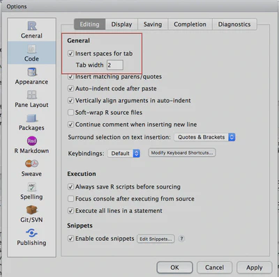 'Insert spaces for tab' setting in RStudio